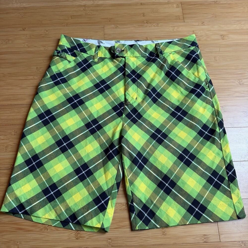 Royal & Awesome Golf Shorts Mens 34x9.5 Green Yellow Plaid Tartan Loud Party